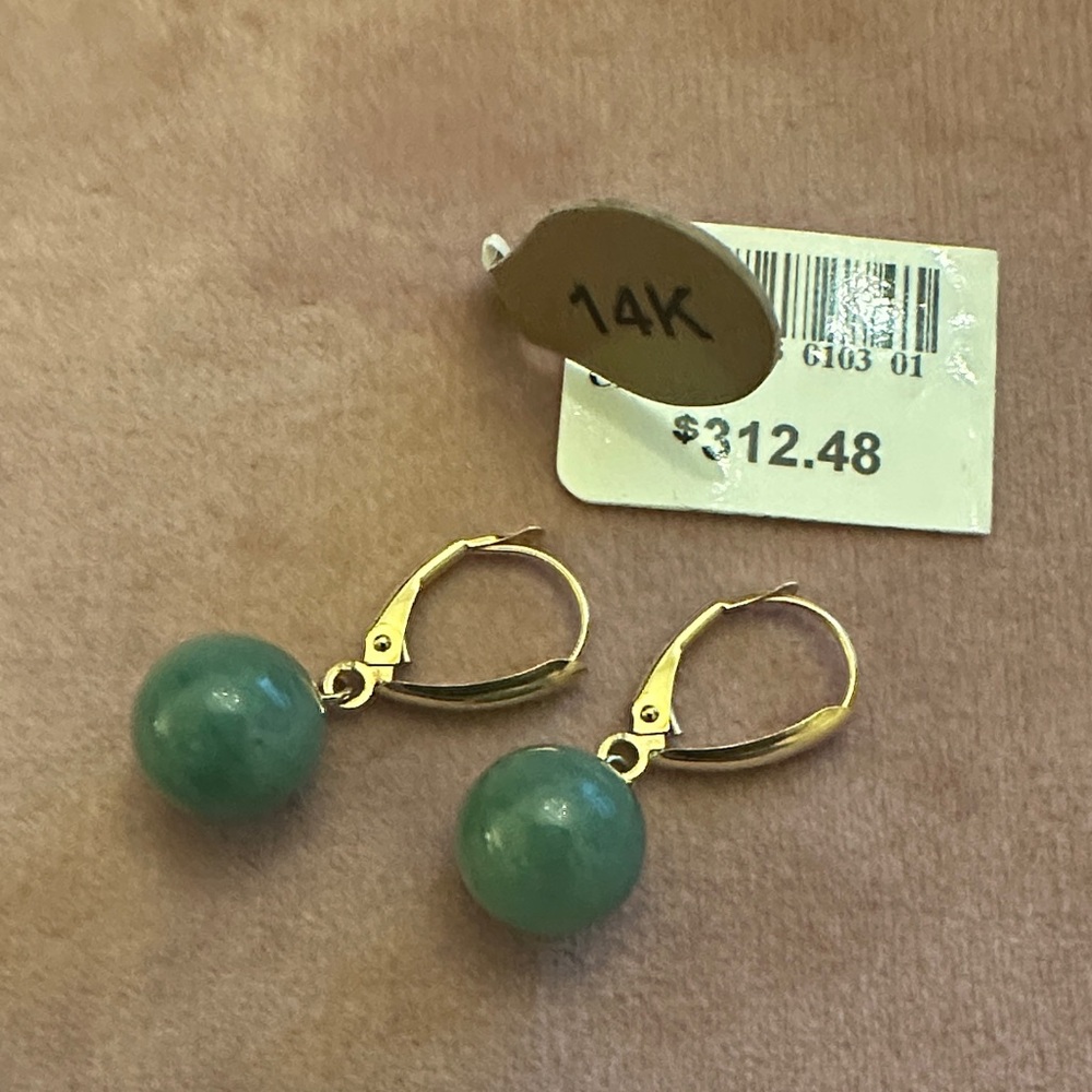 14K Gold Leverback Earrings with Green Jade Beads